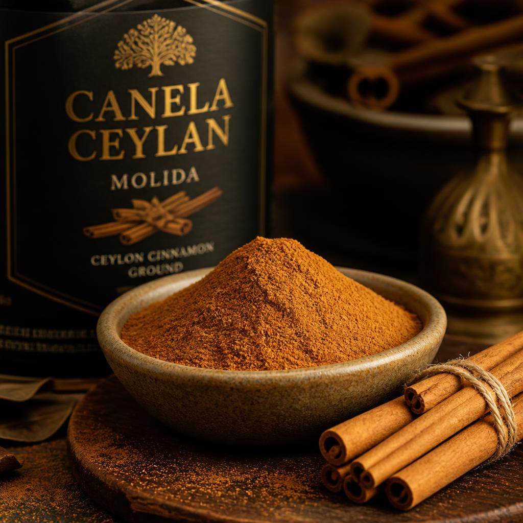 Canela Ceylan molida en un tazón con ramas de canela al lado